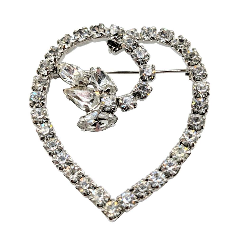 Vintage Round Teardrop Marquis Rhinestone Heart Silver Tone Brooch
